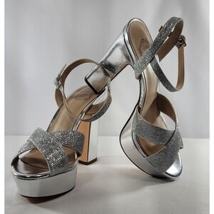 I. Miller Samien Silver High Heeled Platform Sandals Buckle Straps- Shiney Sz 7M